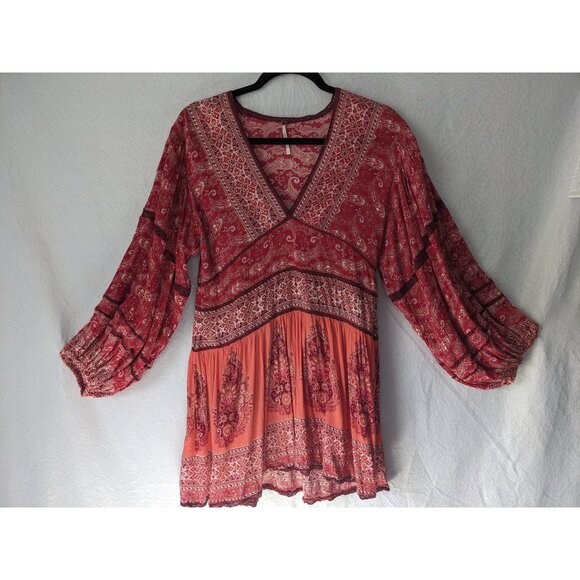 FREE PEOPLE Luna Scarf Print V-neck Tunic Boho Top Mini Dress Flowy Red Size S - Picture 3 of 13